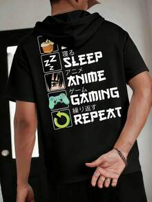 男士休闲动漫游戏印花短袖连帽T恤 - 黑色 - 查看 1