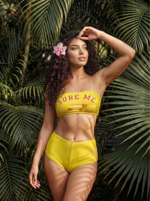Bộ bikini mùa hè gợi cảm với họa tiết chữ màu vàng tươi, áo hai dây và quần đùi cạp cao, thiết kế nâng ngực, trang phục đi biển retro không thể thiếu cho kỳ nghỉ. - Màu vàng - Xem 5
