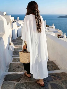 Women's Summer Vacation Casual Beach Cover-Up Chiffon Cover Up, Romantic White Long Sleeve Round Neck Woven Fabric Cover-Up - White - View 2