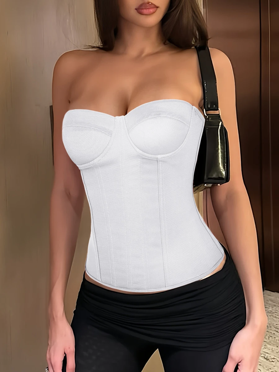 性感优雅纯色束身胸衣，带钢圈和系带后背，修身抹胸设计，适合情人节约会、生日派对、日常外出、度假、音乐节、婚礼季等场合。 - 白色 - 查看 1