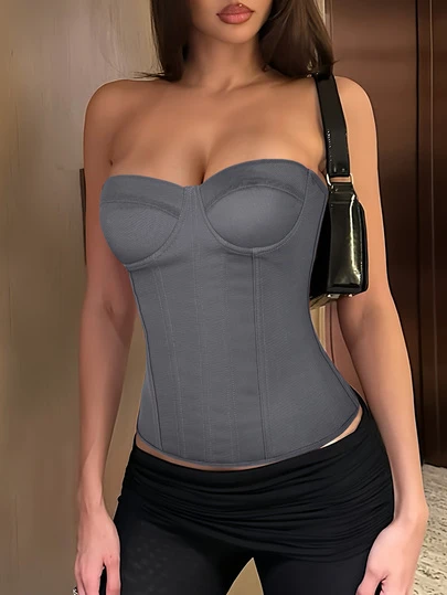 性感优雅纯色束身胸衣，带钢圈，后背系带，塑身露脐抹胸，适合情人节约会、生日主题派对、日常外出、度假、音乐节等场合，女士服装。