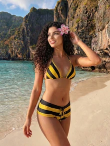 阳光条纹两件式女士泳装 - 亮黄色和黑色挂脖比基尼，系带下装 | 完美打造海滩度假和泳池边的迷人夏日风情 - 黃色 - 查看 1