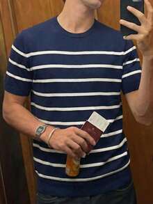 Suéter de punto de manga corta a rayas, primavera/verano - Azul Marino - Ver 4