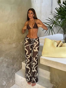 Solid Color Bikini Set With Sheer Cover Up Pants For Beach Vacation Summer - Brown - View 1