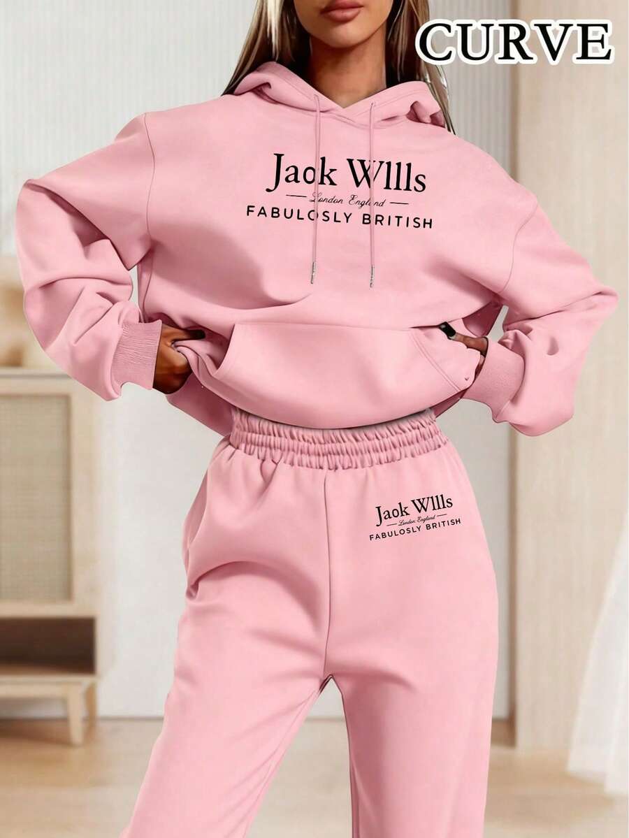 Plus Size Women 2 Pieces Set Hoodie And Sweatpants, Casual Drawstring Hooded Sweatshirt With Pockets Pink Spring Elegant - Pink - View 1