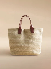 Glizzene 大容量休闲度假草编手提包，简约优雅女士单肩手提包，婚礼包 - 棕色 - 查看 4