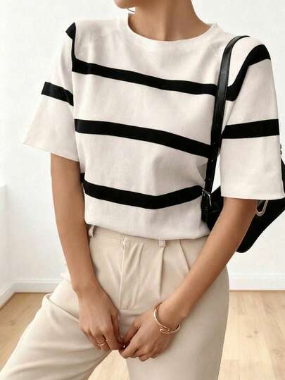 大码女式条纹短袖针织上衣，圆领宽松休闲简约办公T恤