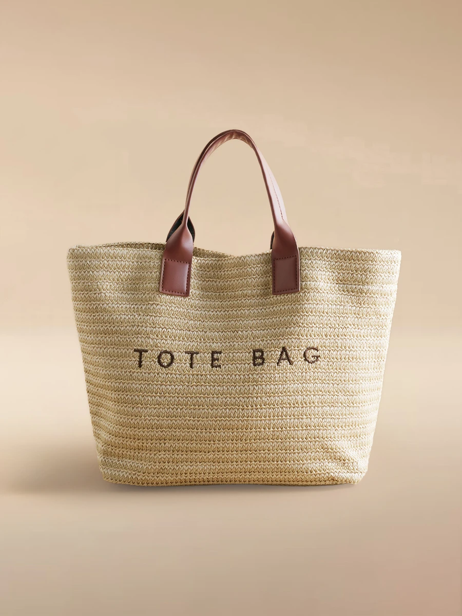 Glizzene 大容量休闲度假草编手提包，简约优雅女士单肩手提包，婚礼包 - 棕色 - 查看 1