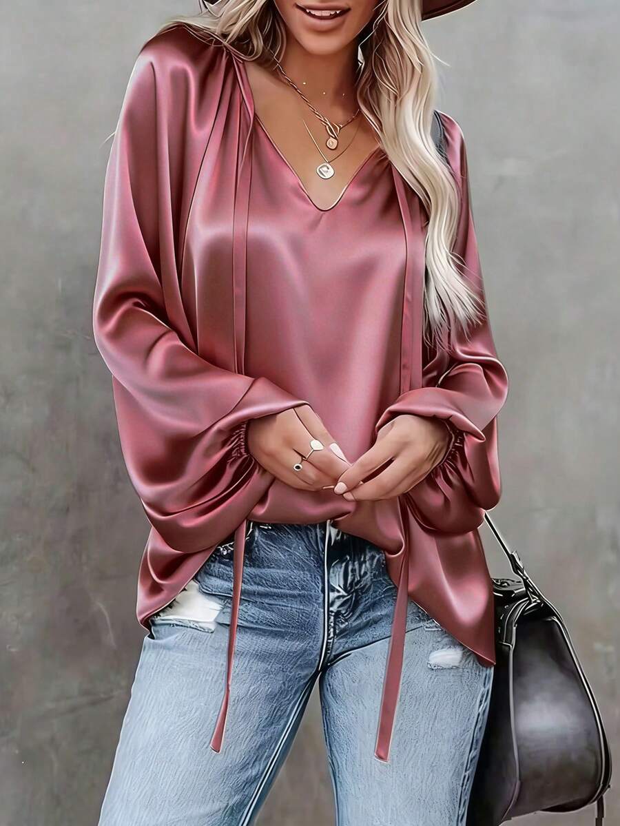 Plus Size Women's Solid Color V-Neck Drawstring Casual Long Sleeve Shirt Pink Spring