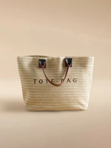 Glizzene 大容量休闲度假草编手提包，简约优雅女士单肩手提包，婚礼包 - 棕色 - 查看 3