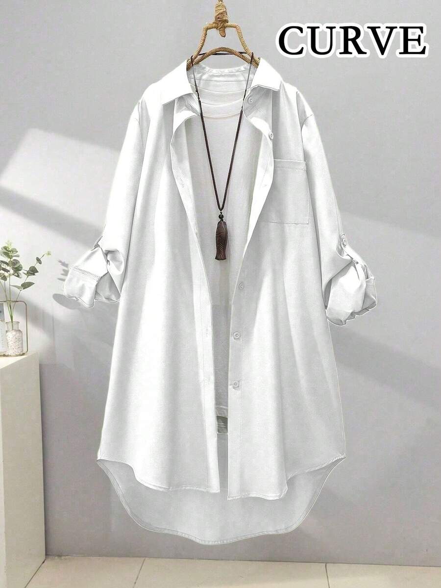 Plus Size Women's Asymmetric Hem Long Shirt, With Collar And Button Details, Dropped Shoulder Long Sleeve Top White Spring - White - View 1