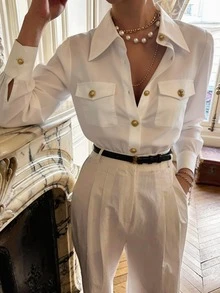 Camisa blanca con botones y bolsillo para mujer, estilo elegante de oficina, primavera/verano - Blanco - Ver 3