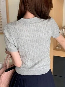 Women's Casual Turndown Collar Button Short Sleeve Knit Top - Grey - View 2