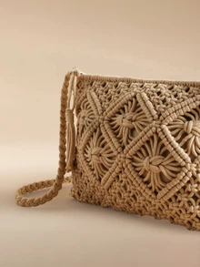 Glizzene Handmade Woven Small Crossbody Bag, New Woven Shoulder Bag, Niche Retro Beach Style, Versatile Square Envelope Bag, Christmas Gift - Khaki - View 5