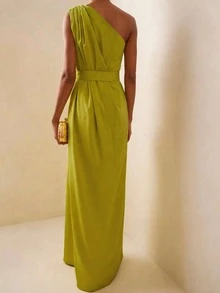 Vestido de noche largo con abertura lateral, cuello asimétrico y cinturón, adecuado para fiestas, bodas y ocasiones formales - Amarillo - Ver 2