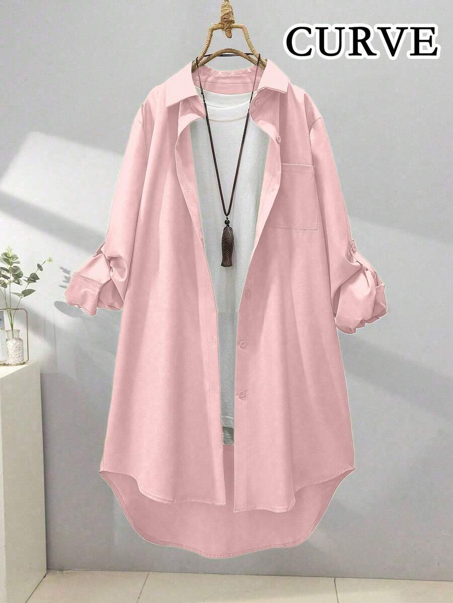 Plus Size Women's Asymmetric Hem Long Shirt, With Collar And Button Details, Dropped Shoulder Long Sleeve Top Pink Spring - Pink - View 1