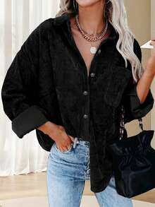 加大码女式灯芯绒长袖休闲衬衫 黑色 春季 - 黑色 - 查看 1