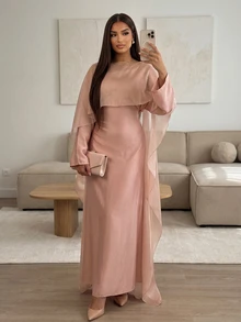Elegant Casual Minimalist Holiday & Date Night Shawl Dress Two Pieces Set Pink - Pink - View 3