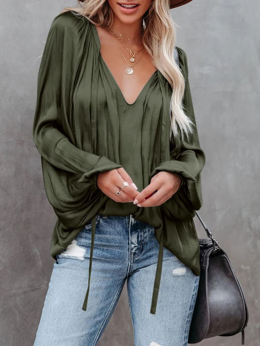 Áo dài tay cổ chữ V màu trơn dành cho nữ cỡ lớn, kiểu dáng thường ngày, có dây rút, thích hợp cho mùa xuân.