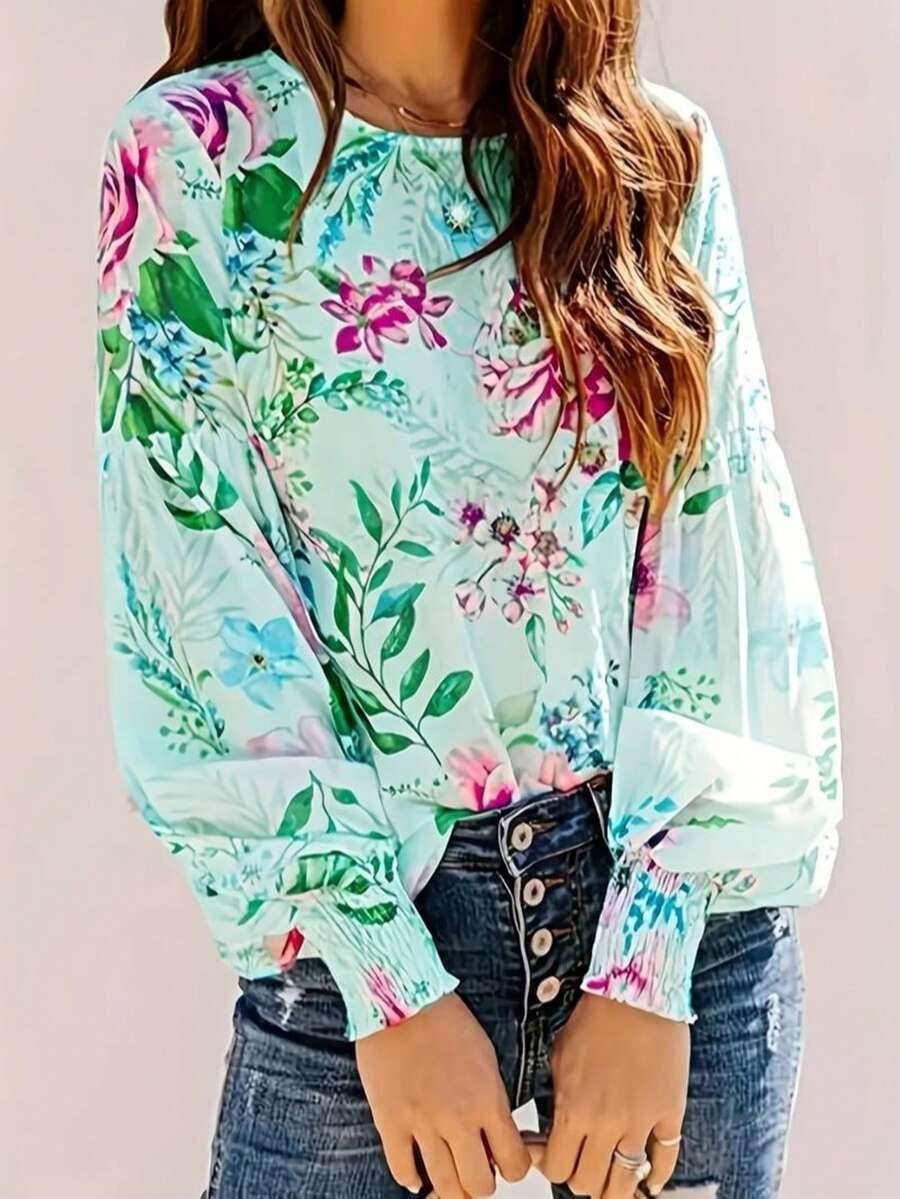Áo sơ mi nữ cỡ lớn in hoa, cổ tròn, tay phồng, dáng rộng, thanh lịch, thích hợp cho ngày Valentine và kỳ nghỉ xuân.
