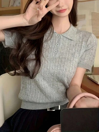 Women's Casual Turndown Collar Button Short Sleeve Knit Top