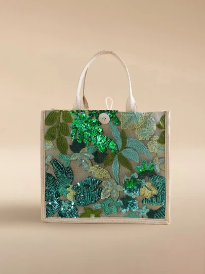 Glizzene 1个彩色亮片网纱亚麻拼接手提包，时尚刺绣花叶图案大容量方形手提包，女士休闲沙滩旅行购物包（花卉图案随机分布），闪亮亮片包包，女士优雅婚礼包