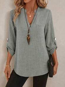 大码女式纯色开衩口袋卷袖衬衫 春季 - 灰色 - 查看 2