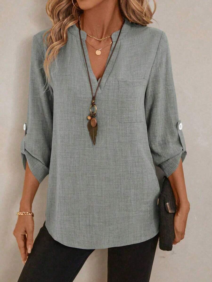 大码女式纯色开衩口袋卷袖衬衫 春季