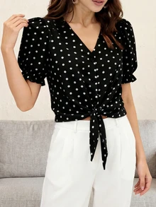 Women's Polyester Short Sleeve Collared Button-Up Striped Shirt/Blouse, Regular Fit - Black - View 2