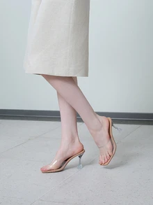 CHICVUE 女士高跟透明水晶尖頭涼鞋，性感PVC踝帶中空派對鞋，時尚優雅的夏季拖鞋，凸顯體型 - 杏色 - 查看 1