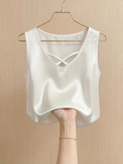 Women's Silky White Camisole, Criss-Cross V-Neck Sleeveless Top Summer