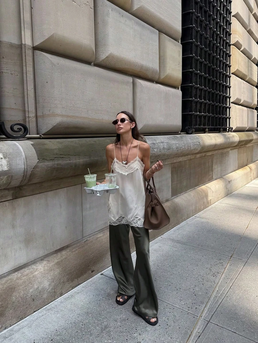 女士蕾丝无袖性感吊带背心，优雅夏季睡衣休闲白色 - 白色 - 查看 1