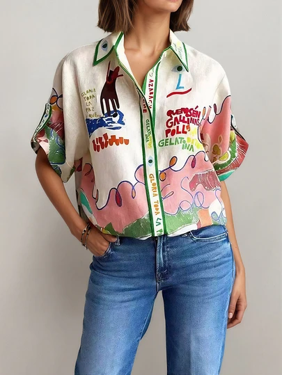 优雅时尚大码女式印花休闲衬衫，夏季度假必备