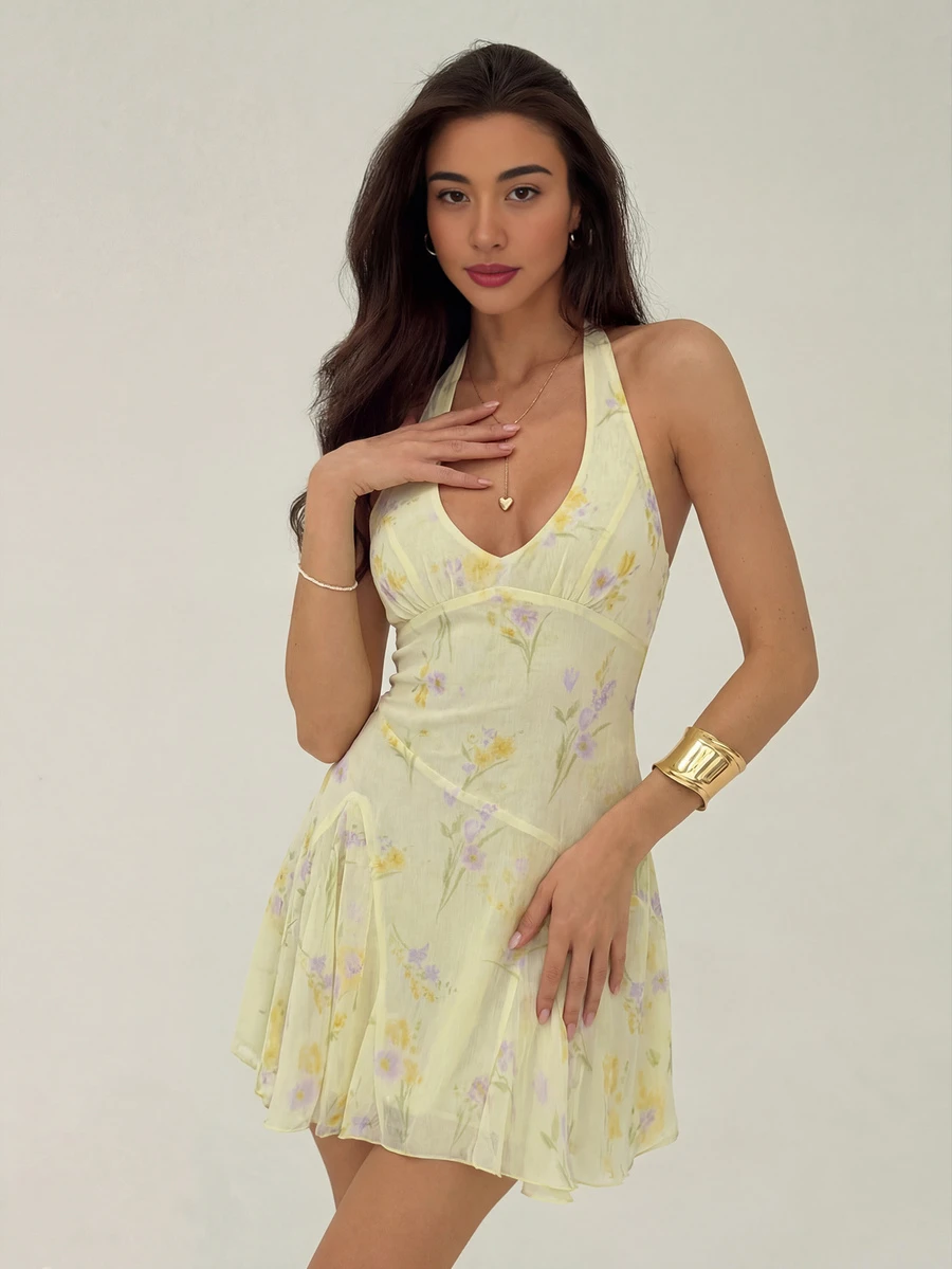 Đầm nữ dệt hoa văn phối bèo nhún, gợi cảm, thanh lịch, thích hợp cho kỳ nghỉ hè. - Màu vàng - Xem 1