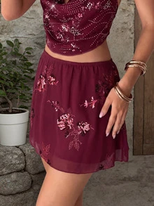 Elegant Women Summer Mini Skirts Sequin Flower Embroidery Elasticized Waistband Low Waist Vintage Romantic Fashion Casual A-Line Skirt Rave Music Festival Country Concert Going Out Party Outfits Spring - Burgundy - View 3