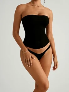 Fyxelle 女士无缝弹力瑜伽运动吊带背心，无肩带露脐背心，休闲夏季无袖上衣，适合健身和日常穿着，黑色 - 黑色 - 查看 2