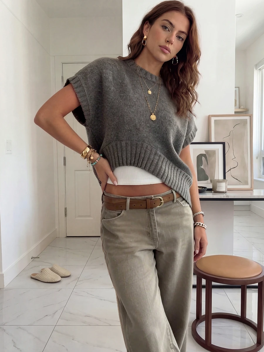 LUBI 女士春夏罗纹下摆圆领宽松落肩针织背心，柔软蓬松的质地，轻松休闲的风格，适合居家、休闲、日常通勤、参观展览、下午茶等场合。 - 灰色 - 查看 1