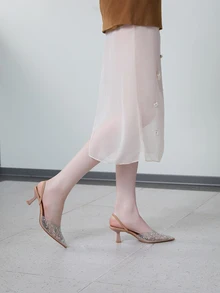 CHICVUE Fall/Winter Charming Women's Fashionable Silver Stiletto Heels & Pvc Rhinestone Decor Pointed Toe Slingback Pumps,Elegant,Party - Apricot - View 3