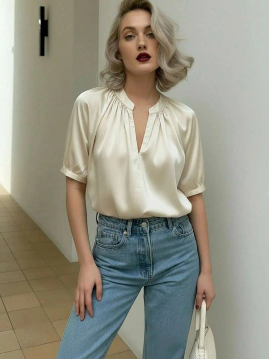 Women's Elegant Polyester Deep V-Neck Short Sleeve Blouse, Satin Fabric, Casual & Versatile - Champagne - View 1