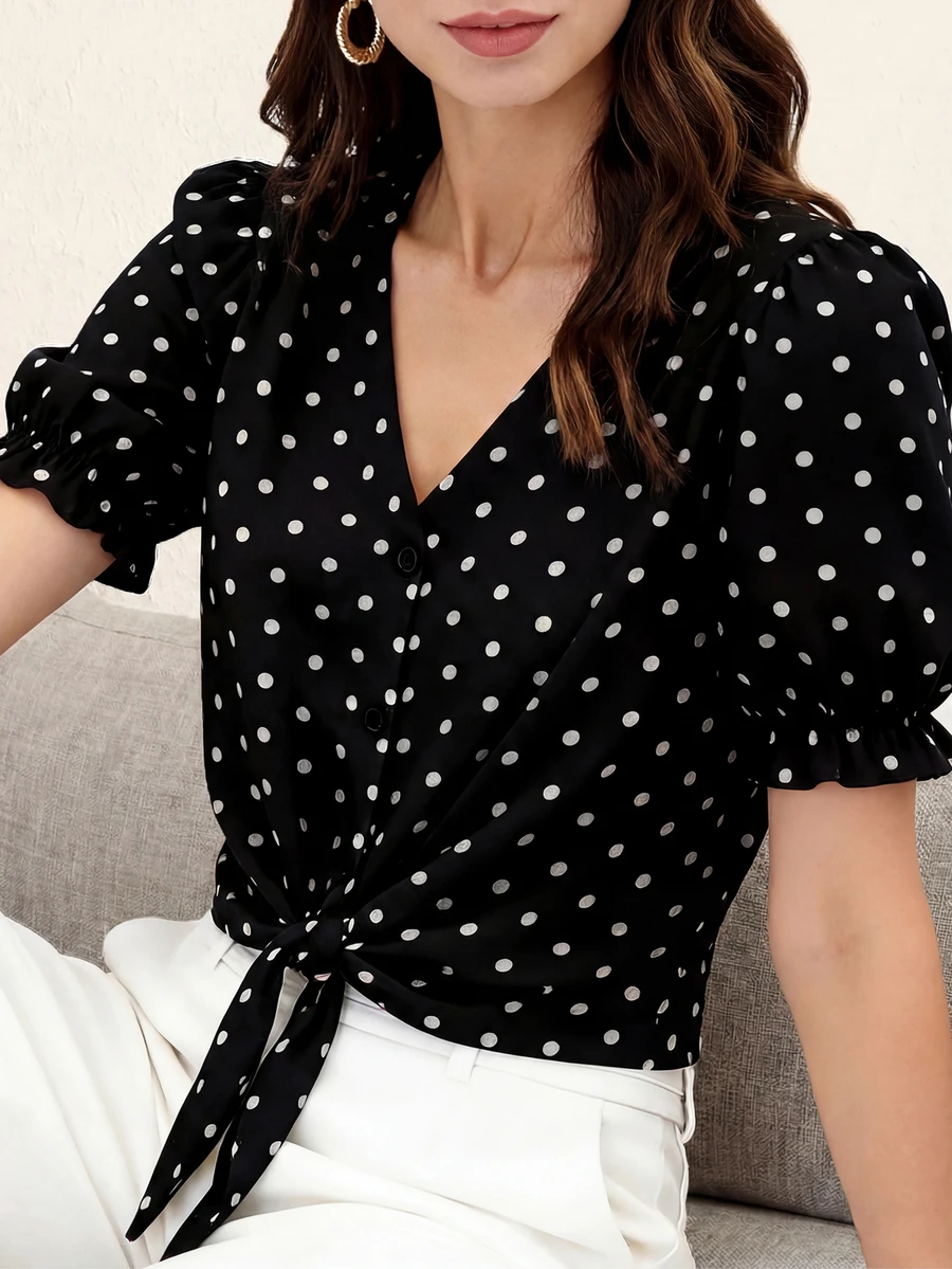 Women's Polyester Short Sleeve Collared Button-Up Striped Shirt/Blouse, Regular Fit - Black - View 1