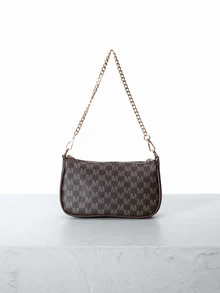 CHICVUE 1pc Women's PU Leather Letter M Decor Chain Shoulder/Crossbody Bag, Stylish Underarm Bag/French Baguette Bag, Cute & For Commuting & Shopping - Coffee Brown - View 4
