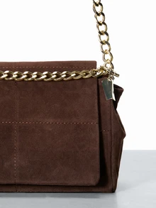 CHICVUE Vintage Quilted Coffee Brown Suede Square Bag, Modern Minimalist Luxury Style Women's Shoulder Bag, Decorated With Embroidery Thread And Metal Chain, Zipper Closure, Suitable For Daily Shopping And Casual Wear, Compact And Portable. - Coffee Brown - View 5
