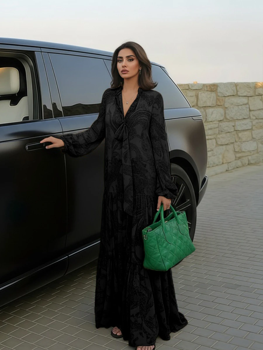 女士度假旅行超长印花连衣裙，复活节连衣裙，夏季度假装，休闲宽松沙滩裙，优雅连衣裙，春夏狂欢节黑色连衣裙 - 黑色 - 查看 1