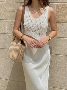 LUBI 女士夏季无袖V领露脐背心，侧开衩设计，透气针织面料，露脐廓形，法式休闲风格，适合音乐节、海滩度假等场合。 - 白色 - 查看 1