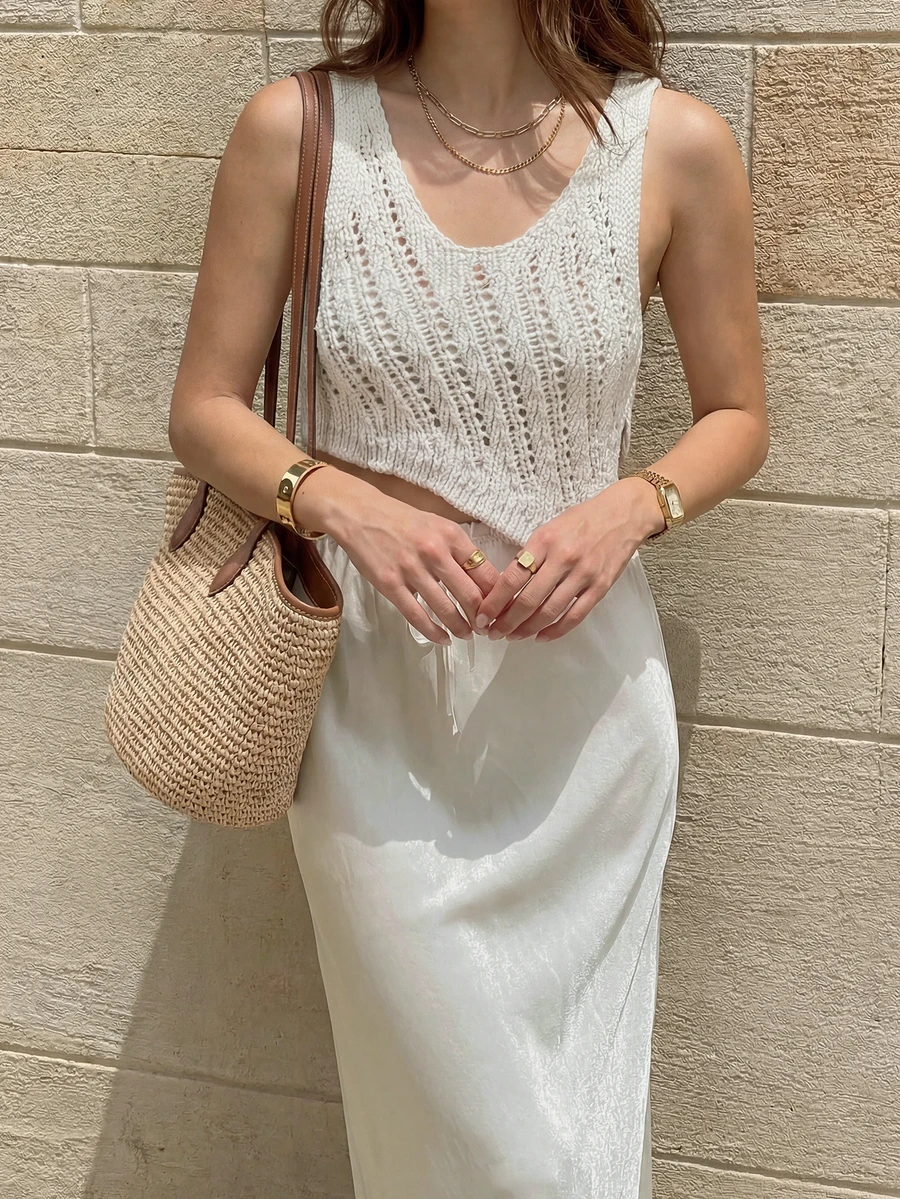 LUBI 女士夏季无袖V领露脐背心，侧开衩设计，透气针织面料，露脐廓形，法式休闲风格，适合音乐节、海滩度假等场合。 - 白色 - 查看 1