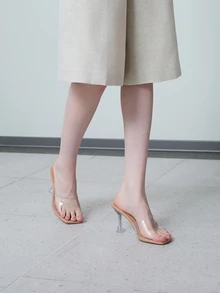 CHICVUE 女士高跟透明水晶尖頭涼鞋，性感PVC踝帶中空派對鞋，時尚優雅的夏季拖鞋，凸顯體型 - 杏色 - 查看 4