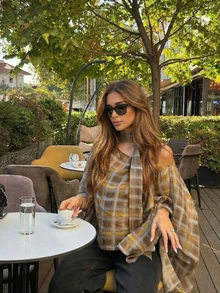 Chal a cuadros vintage casual y versátil para mujer, adecuado para uso diario, escuela y ocasiones primaverales - Mostaza Amarilla - Ver 2