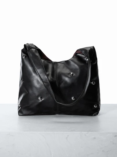 CHICVUE 2025 时尚哑光纯色朋克铆钉通勤手提包，简约小众腋下包，时尚大容量单肩包