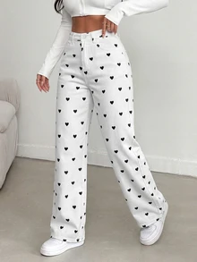 Quần skinny nữ dáng ôm in hình trái tim, kiểu dáng tối giản đường phố, màu trắng mùa xuân. - trắng - Xem 4