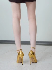 CHICVUE 性感时尚黑白帆布尖头12厘米细高跟绑带凉鞋，女士优雅春秋季鞋款，女士高跟鞋，优雅派对装扮 - 金色 - 查看 2